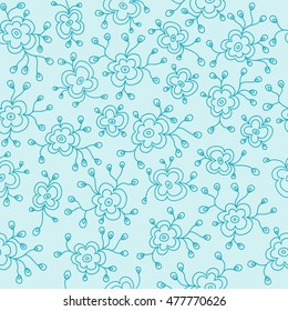 Doodles seamless pattern from flowers in turquoise for wrapping, printing, fabric and textile. Vector illustration.