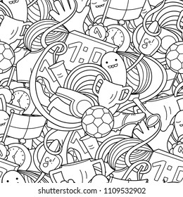 
Doodles seamless pattern with football items and cute monsters. Sport inventory texture. Vector illustration.