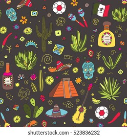 Doodles seamless pattern of Mexico - Temple of Kukulkan, tequila, sombrero, agave, maracas and other culture elements. Vector illustration