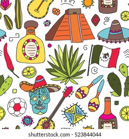 Doodles seamless pattern of Mexico - Temple of Kukulkan, tequila, sombrero, agave, maracas and other culture elements. Vector illustration
