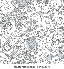 Doodles seamless pattern of Mexico - Temple of Kukulkan, tequila, sombrero, agave, maracas and other culture elements. Vector illustration.