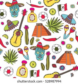 Doodles seamless pattern of Mexico - Temple of Kukulkan, tequila, sombrero, agave, maracas and other culture elements. Vector illustration