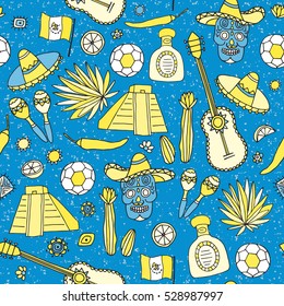 Doodles seamless pattern of Mexico - Temple of Kukulkan, tequila, sombrero, agave, maracas and other culture elements. Vector illustration.
