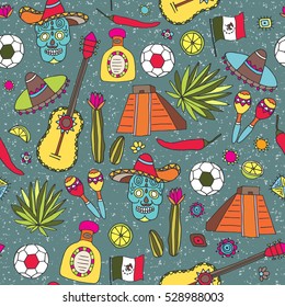 Doodles seamless pattern of Mexico - Temple of Kukulkan, tequila, sombrero, agave, maracas and other culture elements. Vector illustration.