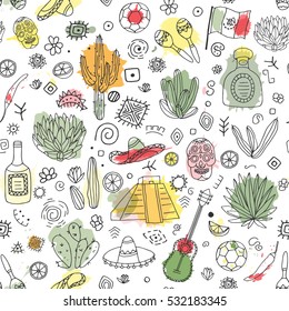 Doodles seamless pattern of Mexico - Temple of Kukulkan, tequila, sombrero, agave, maracas and other culture elements with imitation of watercolor. Vector illustration.
