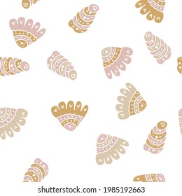 Doodles seamless pattern of seashells on a white background. Hand drawn vector illustration. Perfect for scrapbooking, textile and prints.
