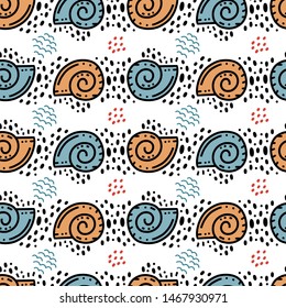 Doodles seamless pattern with seashells in vector. Illustration can be used for wallpaper, pattern fills, web page background, surface textures design.