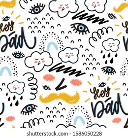 Doodles Seamless Pattern In Vector With A Lot Of Funny Elements. Creative Texture With Slang Greeting Phrase Hey Dad.