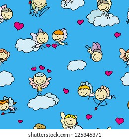Doodles seamless texture of amor angels with love hearts in sky and clouds