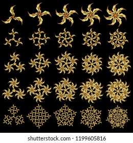 Doodles. Set of 25 beautiful vector golden snowflakes isolated on a black background. Snowflakes, snowfall. Falling Christmas stylized snowflakes.