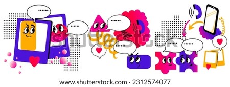 Doodles set. Chat, messaging, texting, call. Photo exchange, communication. Online dating. Concept of Social networks. Dialogue or conversation. Abstract cute geometric elements. Vector illustration