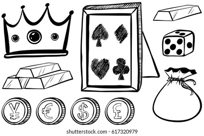 Doodles set with crown and coins illustration