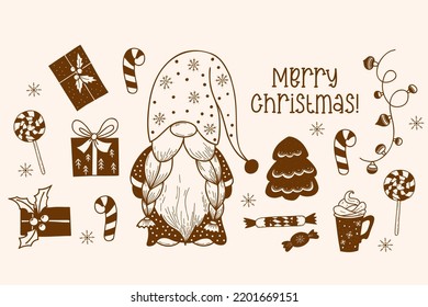 Doodles set with cute scandinavian gnome with Christmas tree, garland, gifts, gingerbread, lollipop, candy, dessert and caramel stick. Vector isolated hand drawings for holiday decor and design.