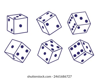 Doodles set with dice. Cubes with random numbers of dots. Gambling games, poker, or board games. Hand-drawn vector illustrations isolated on a white background.