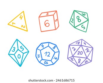 Doodles set with DND dice. D4 D6 D8 D10 D12 D20 dices. Board game, or role-play game. Hand-drawn vector illustrations isolated on a white background.