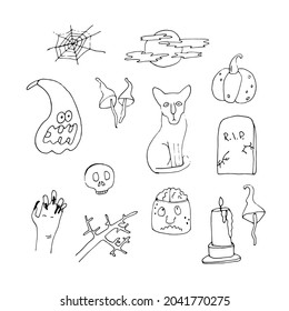 Doodles set for Halloween skull, skull with brain, pumpkin, hand with claws, cobweb, branch, pumpkin, cat, moon and clouds, mushroom, candle, tombstone. 