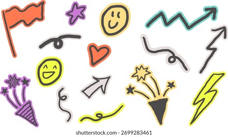 Doodles in handgezeichnetem Stil in Vektor gesetzt. Elemente für Dekor Banner Label Symbole Aufkleber