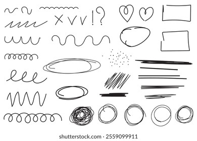 Doodles set icon. Hand drawn abstract focus. Varied black strokes. Minimal vector elements.