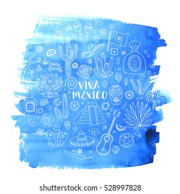 Doodles set of Mexico - Temple of Kukulkan, tequila, sombrero, agave, maracas and other culture elements on blue watercolor background. Vector illustration