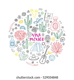Doodles set of Mexico - Temple of Kukulkan, tequila, sombrero, agave, maracas and other culture elements. Vector illustration.