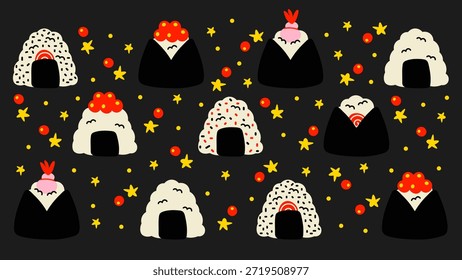 doodles set of onigiri stickers with different fillings and designs. Japanese food-inspired illustrations for planners, apps, and branding.