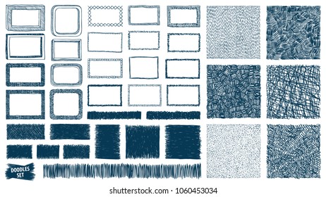 Doodles set. Scribble collection. Quirky sketches. Scrawl elements. Hand drawn effect vector. Pen lines. Frames. Notebook drawings for your design. Simple strokes.