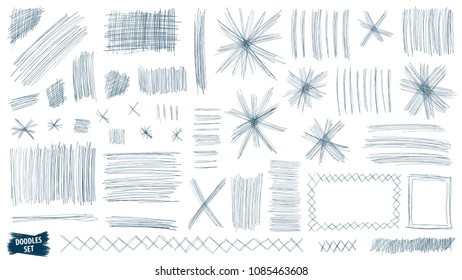 Doodles set. Scribble collection. Quirky sketches. Scrawl elements. Hand drawn effect vector. Pen lines. Frames. Notebook drawings for your design. Simple strokes.