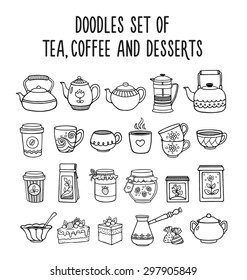 Doodles set of tea, coffee and desserts. Hand-drawn sketches.