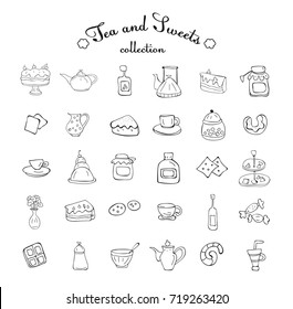 Doodles set of tea, sweets and desserts. Hand drawn doodle tea time icons set isolated  Vector illustration. Black Doodle tea and sweets collection.  Cartoon tea time collection.
