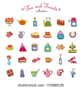Doodles set of tea, sweets and desserts. Color Hand drawn doodle tea time icon set isolated on white background. Vector illustration. Set of Cartoon tea time elements. 