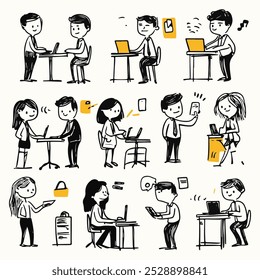 Doodles set of various business people, office worker, in daily routine activities. Outline, linear, thin line art, hand drawn sketch