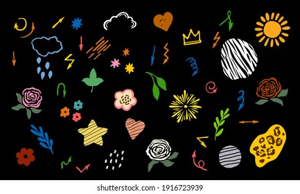 Conjunto de garabatos de varias formas de dibujo Formas y objetos, Flores, puntos, ramas, Corona, Nube. Esbozo de tinta a mano libre. Ilustración de vectores abstracto dibujada a mano aislada en fondo negro.