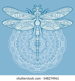 Doodles sketch dragonfly and mandala ornament. Stylized animal insect for tattoo, t-shirt, poster, card, textile or paper print. Zen doodle Art. Isolated design elements, ethnic totem, medallion