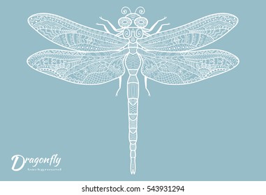 Doodles sketch dragonfly. Stylized animal insect for tattoo, t-shirt, poster, invitation card, textile or paper print. Zen doodle Art. Isolated design element, ethnic totem, hand drawn pattern