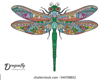 Doodles sketch dragonfly. Stylized animal insect for tattoo, t-shirt, poster, invitation card, textile, paper print. Zen doodle Art. Isolated design element, ethnic totem, hand drawn colorful pattern