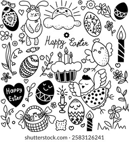 doodles and sketches of Easter holiday attributes in black line on a white background