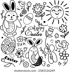 doodles and sketches of Easter holiday attributes in black line on a white background