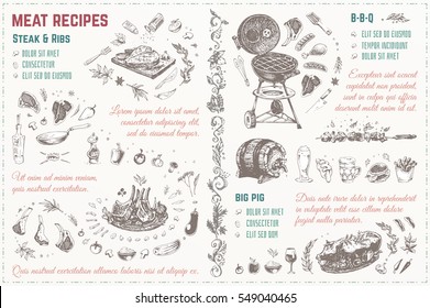 Doodles Esboços carne, bife, churrasco, porco, costelas. modelo. Isolado vetorial ilustração 4 menu de design de restaurantes - cafés e livros receitas de culinária