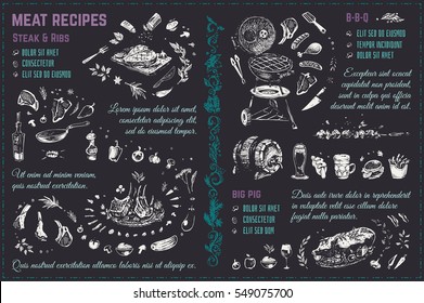 Doodles Sketches meat, steak, barbecue, pig, ribs. chalk on blackboard. Isolated vector illustration 4 design menu of restaurants - cafes & books cooking recipes