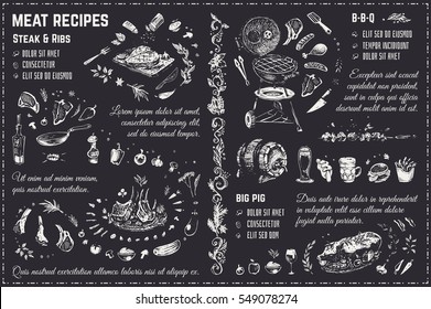 Doodles Sketches meat, steak, barbecue, pig, ribs. chalk on blackboard. Isolated vector illustration 4 design menu of restaurants - cafes & books cooking recipes