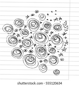 Doodles and sketches, on a paper notepad background