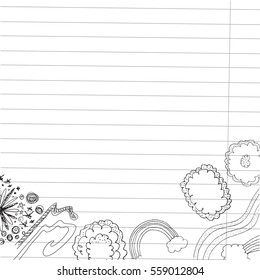 Doodles and sketches, on a paper notepad background