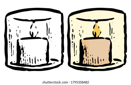Doodles of small burning candle. Realistic sketch of cozy mood element. Hand drawn vector illustration. Black contour and color single drawing isolated on white for design, decor, print, card, sticker