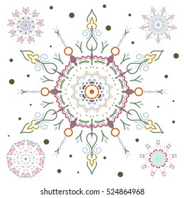 Doodles. Snowflakes, snowfall. Set of beautiful vector gray and green snowflakes isolated on a white background. Falling Christmas stylized snowflakes.