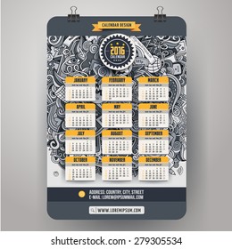 Doodles social media Calendar 2016 year design, English, Sunday start