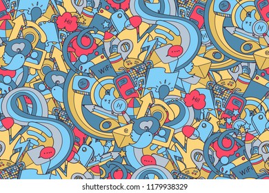 Doodles social media colorful seamless pattern. Technology objects with doodle wave for coloring and design. Vector illustration.