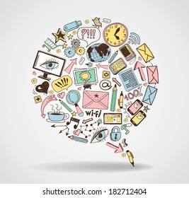  doodles social media network. Concept Internet comunications. hand drawing network icons in the form of speech bubble.