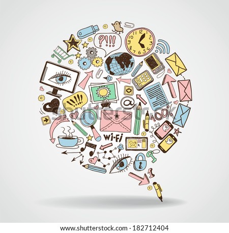  doodles social media network. Concept Internet comunications. hand drawing network icons in the form of speech bubble.