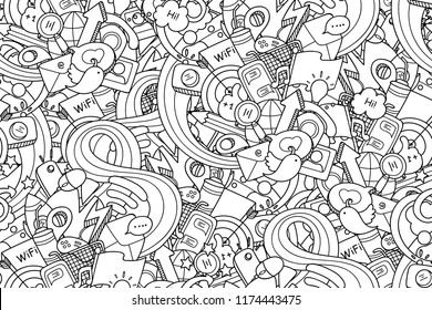 Doodles social media seamless pattern. Technology objects with doodle wave for coloring and design. Easy to change colors. Vector illustration.