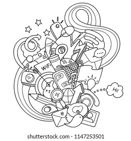 Doodles social media. Technology objects with doodle wave for coloring and design. Easy to change colors. Vector illustration.